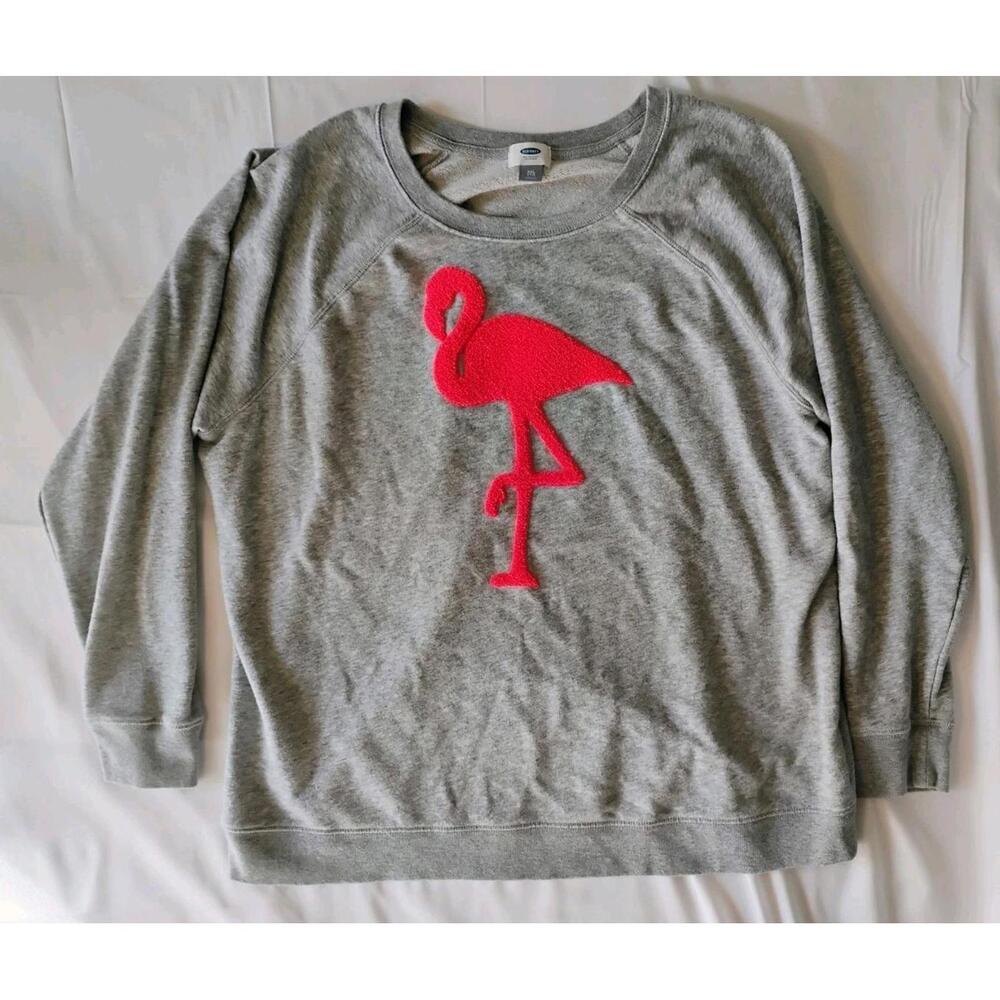 Old Navy Gray Sweatshirt With Hot Pink Flamingo XXL